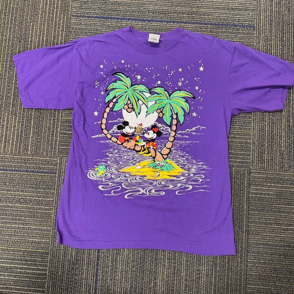 Disney Store Mickey Minnie Mouse Tropical Palm Tree Graphic TShirt Purple Womens - Picture 2 of 10